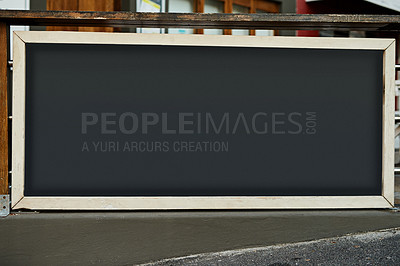 Buy stock photo Blank sign, billboard and advertising with mockup space for message or notification in city. Empty poster, banner or blackboard with announcement for brand, logo or marketing design in an urban town