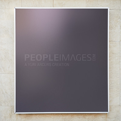 Buy stock photo Blank sign, billboard and marketing with mockup space for message or notification on wall background. Empty poster, banner or frame with announcement for business brand, logo or advertising design 