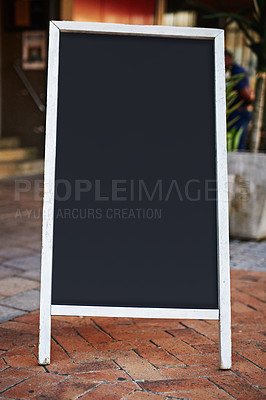 Buy stock photo Sign, chalkboard or ads in city for promotion or marketing on background outdoor. Blackboard, presentation or commercial for announcement, poster mockup space or information for sales offer on banner