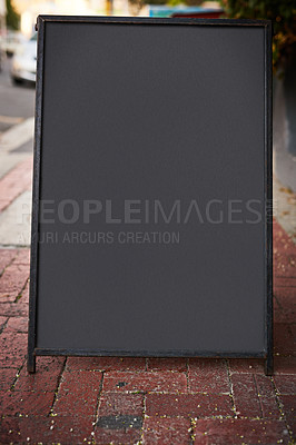 Buy stock photo Blank sign, billboard and stand with mockup space for advertising, message or notification in urban city. Empty poster, banner or post of announcement for brand, logo or marketing design on sidewalk