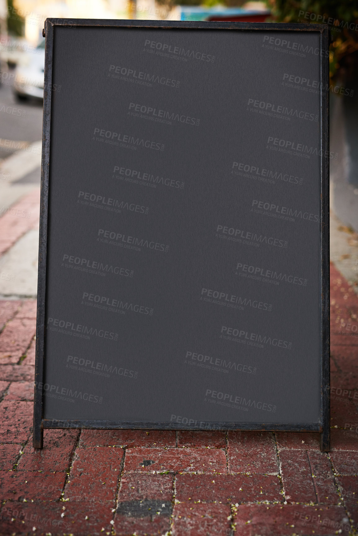 Buy stock photo Blank sign, billboard and stand with mockup space for advertising, message or notification in urban city. Empty poster, banner or post of announcement for brand, logo or marketing design on sidewalk