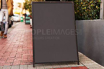 Buy stock photo Sign, chalkboard space and ads in street for promo or marketing on background outdoor. Blackboard, presentation or commercial for offer, information or poster mockup for sales announcement on banner