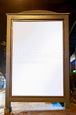 Buy stock photo Billboard, sign and ads in city for promotion or marketing on background outdoor. Banner presentation and commercial for announcement, mockup space or information for advertising in street at night