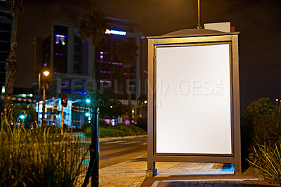 Buy stock photo Billboard, sign and commercial in city for marketing or promotion on background outdoor. Banner, placeholder and ads for announcement in street, mockup space or information for sales offer at night