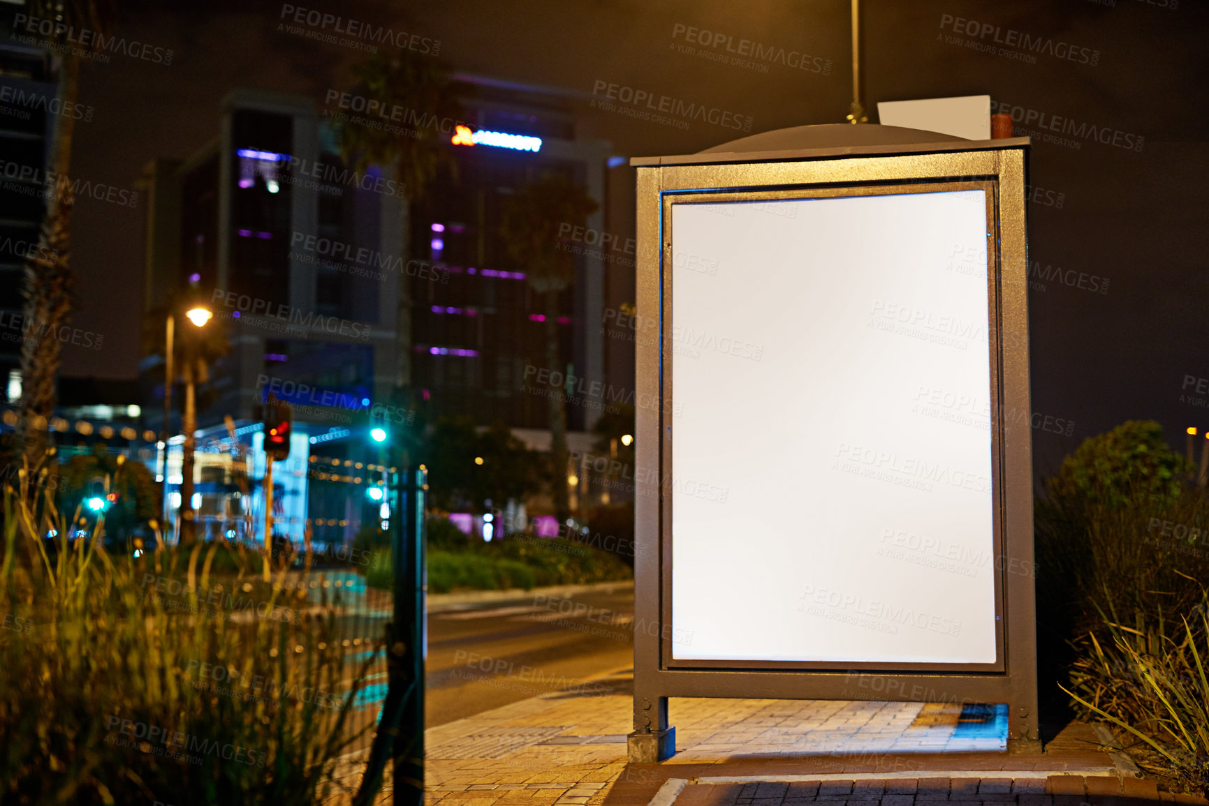 Buy stock photo Billboard, sign and commercial in city for marketing or promotion on background outdoor. Banner, placeholder and ads for announcement in street, mockup space or information for sales offer at night