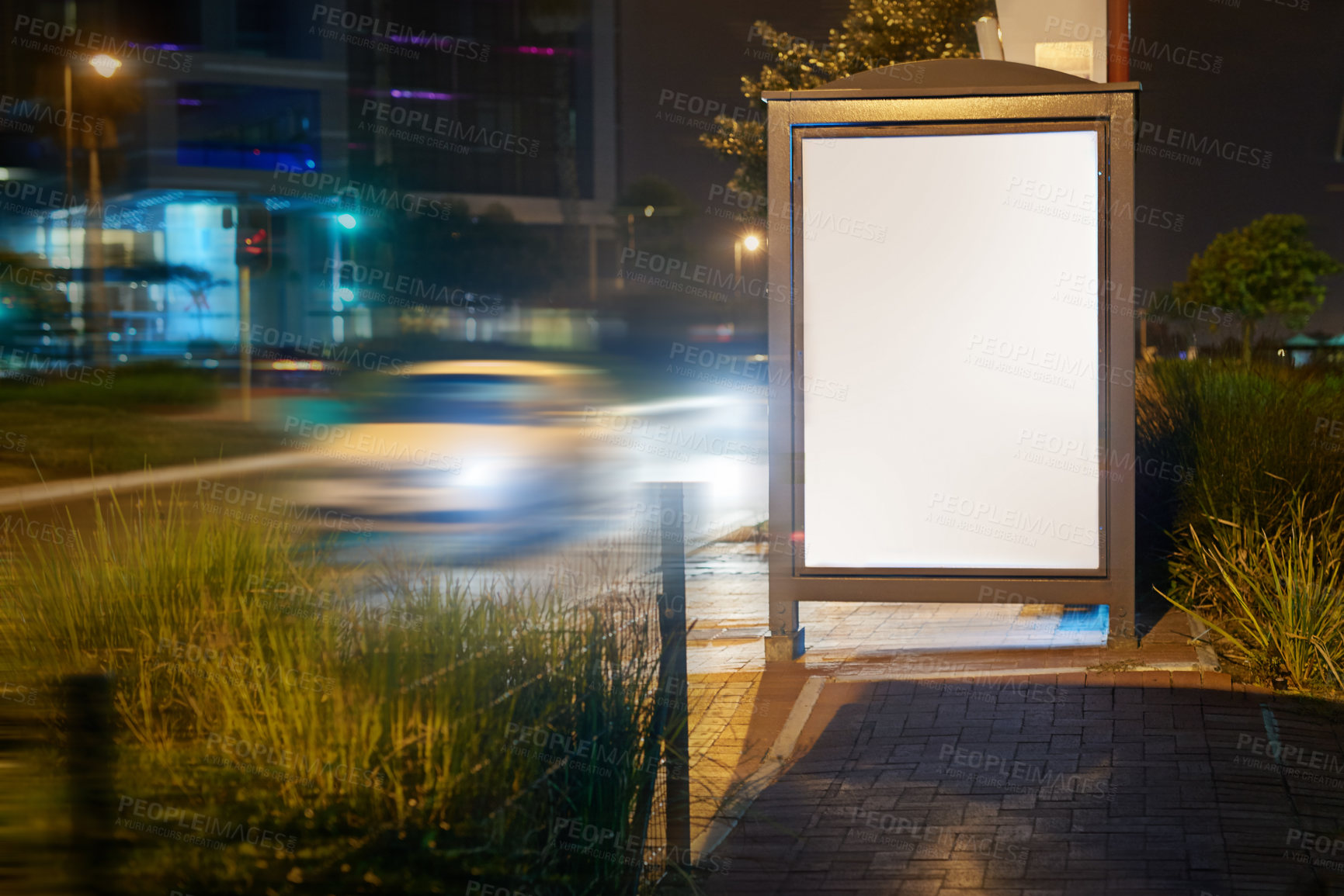 Buy stock photo Street sign, billboard and night with mockup space for advertising, message or notification in urban city. Empty poster, banner or post for brand, logo or marketing design on sidewalk in late evening