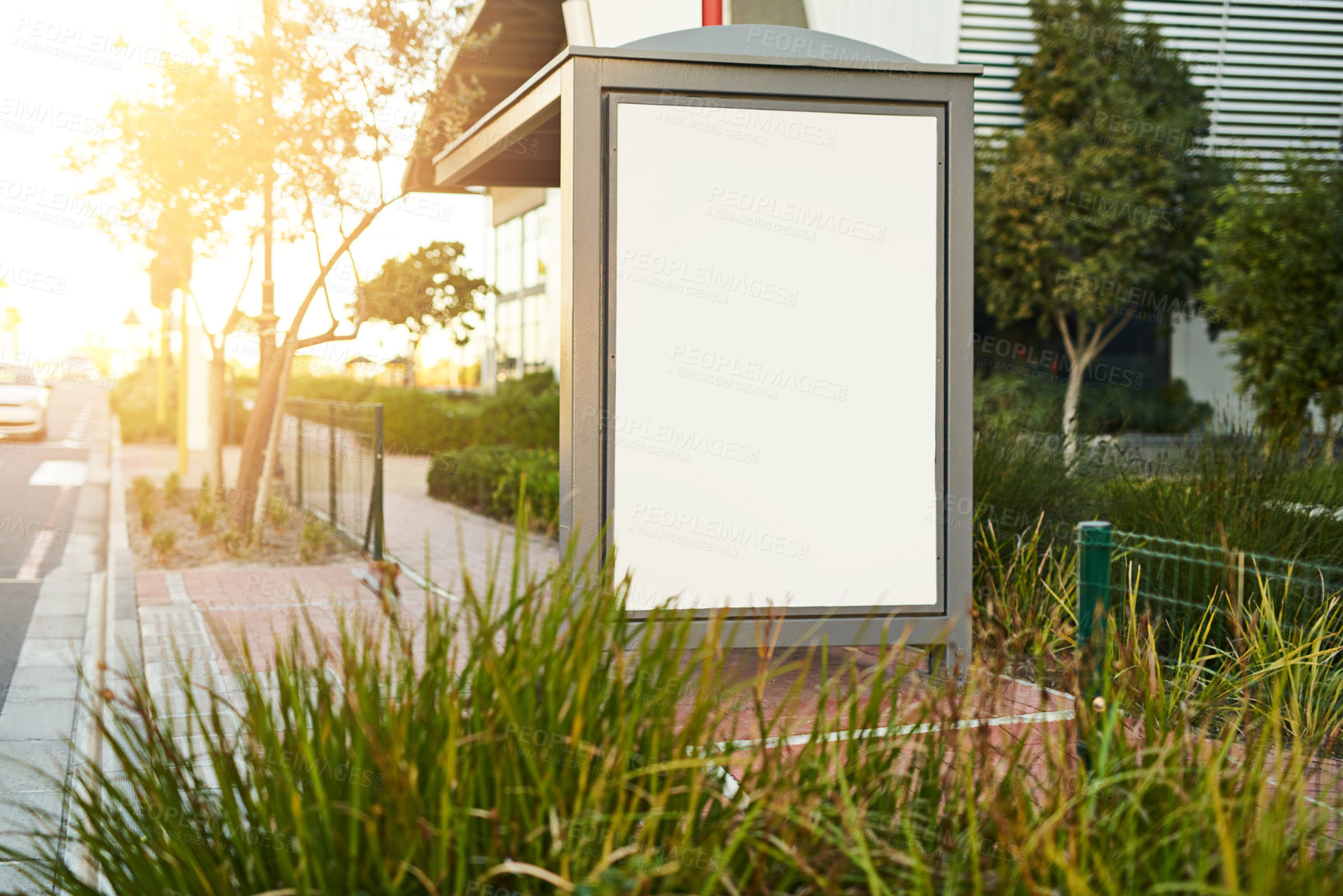 Buy stock photo Billboard, sign and ads in street bus stop for marketing or promotion on background outdoor. Banner, commercial and placeholder for announcement in city, mockup space and information for advertising