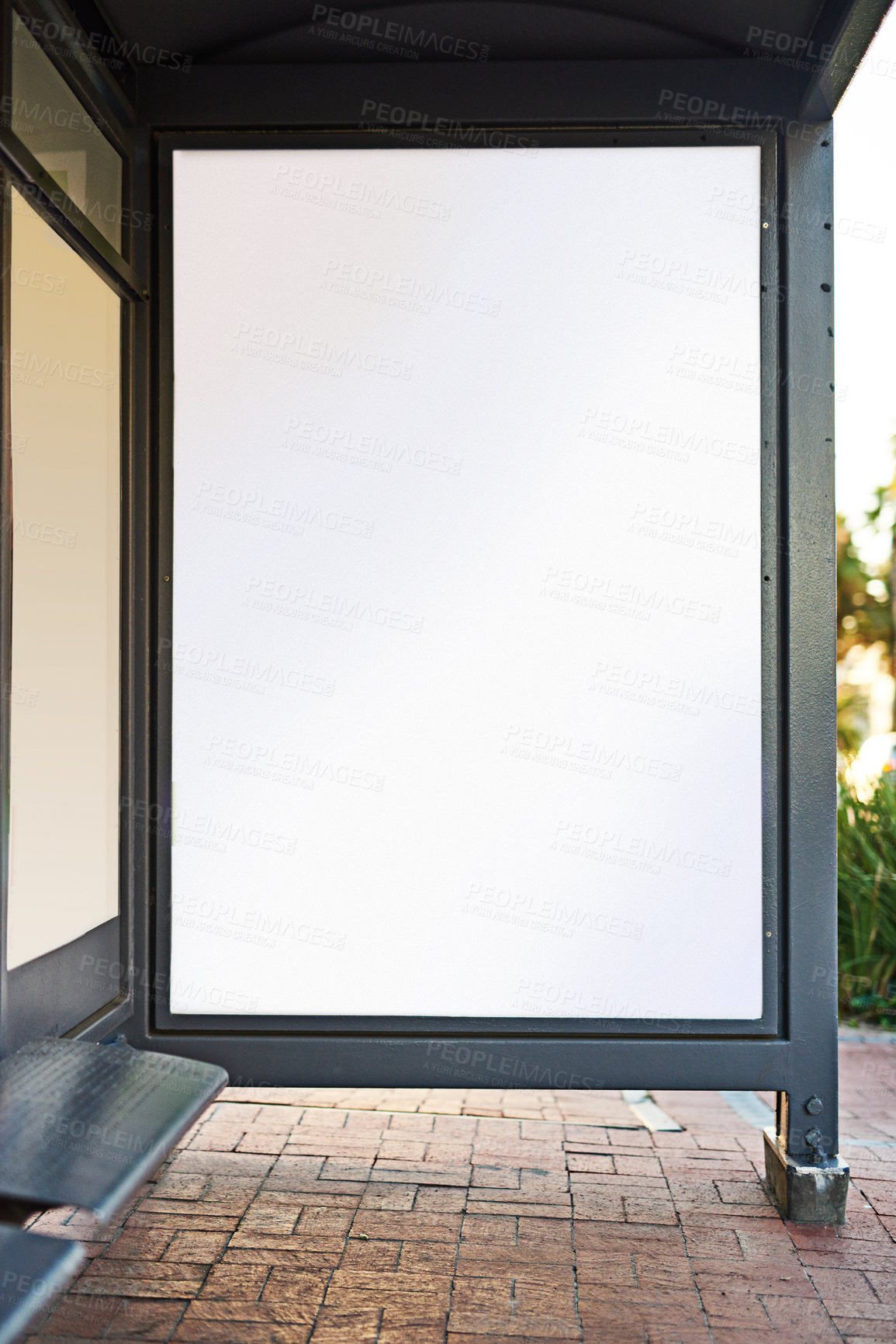 Buy stock photo Billboard, sign and ads outdoor on bus stop for marketing or promotion on background in city. Banner, commercial or placeholder for announcement in street, mockup space or travel info for sales offer