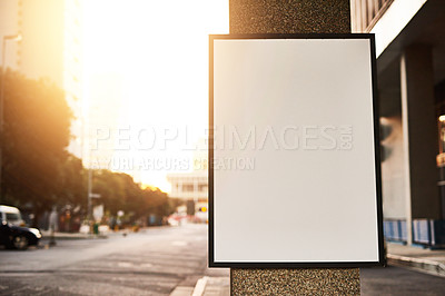 Buy stock photo Billboard, sign and ads in city for marketing or promotion on background outdoor at sunset. Banner, commercial and placeholder for announcement in street, mockup space or information for sales offer