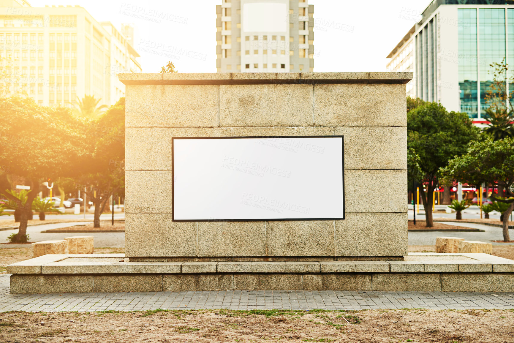 Buy stock photo Poster, mockup space and board in city for advertising, promotion or marketing display. Signage, monument and blank banner in town for outdoor commercial, announcement or publicity information.