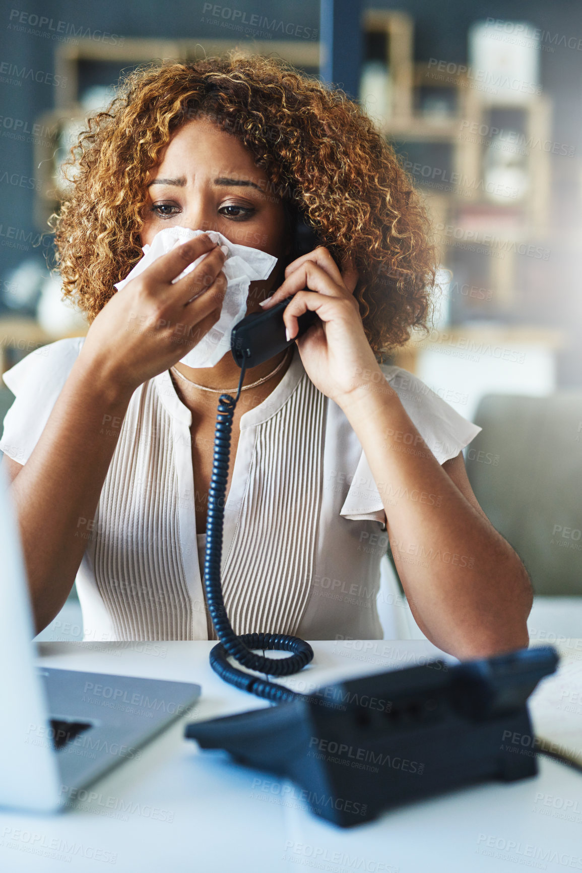 Buy stock photo Phone call, sneezing or sick woman with tissue, flu or allergy with cold, illness or infection. Laptop, secretary or African receptionist blowing nose with toilet paper, virus or hayfever disease