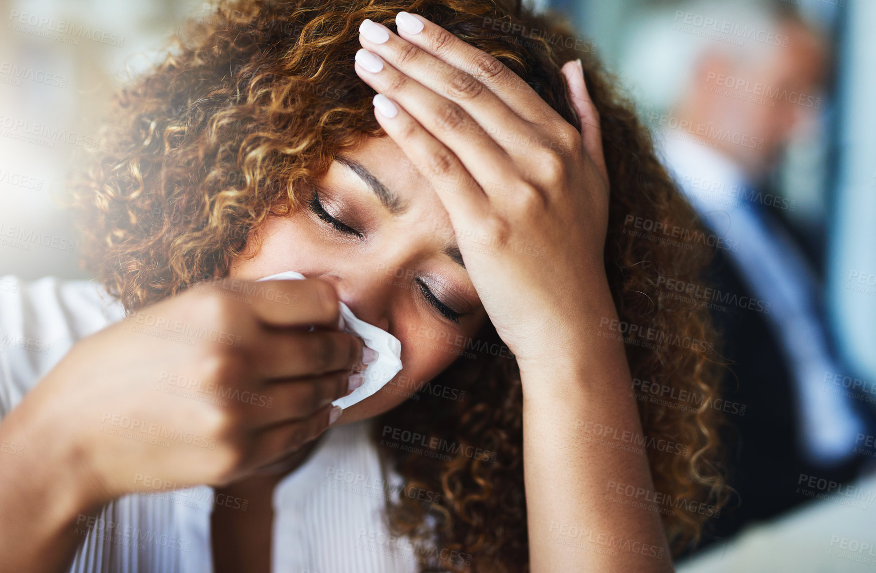 Buy stock photo Headache, nose or sick black woman in office with tissue, flu or allergy with cold migraine, business or illness. Infection, dizzy or administrator sneezing with toilet paper, virus or fever disease