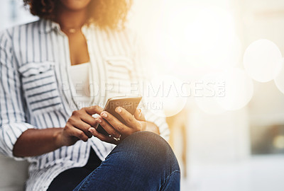 Buy stock photo Hands texting on phone, browsing social media or searching internet while waiting for job interview or new opportunity in creative office. Closeup of business woman working on startup website on tech