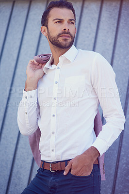 Buy stock photo Thinking, man and fashion or style in city for retro, vintage and aesthetic for apparel or clothes. Summer, male model and ideas for outfit, blazer or formal wear in town with positive mindset