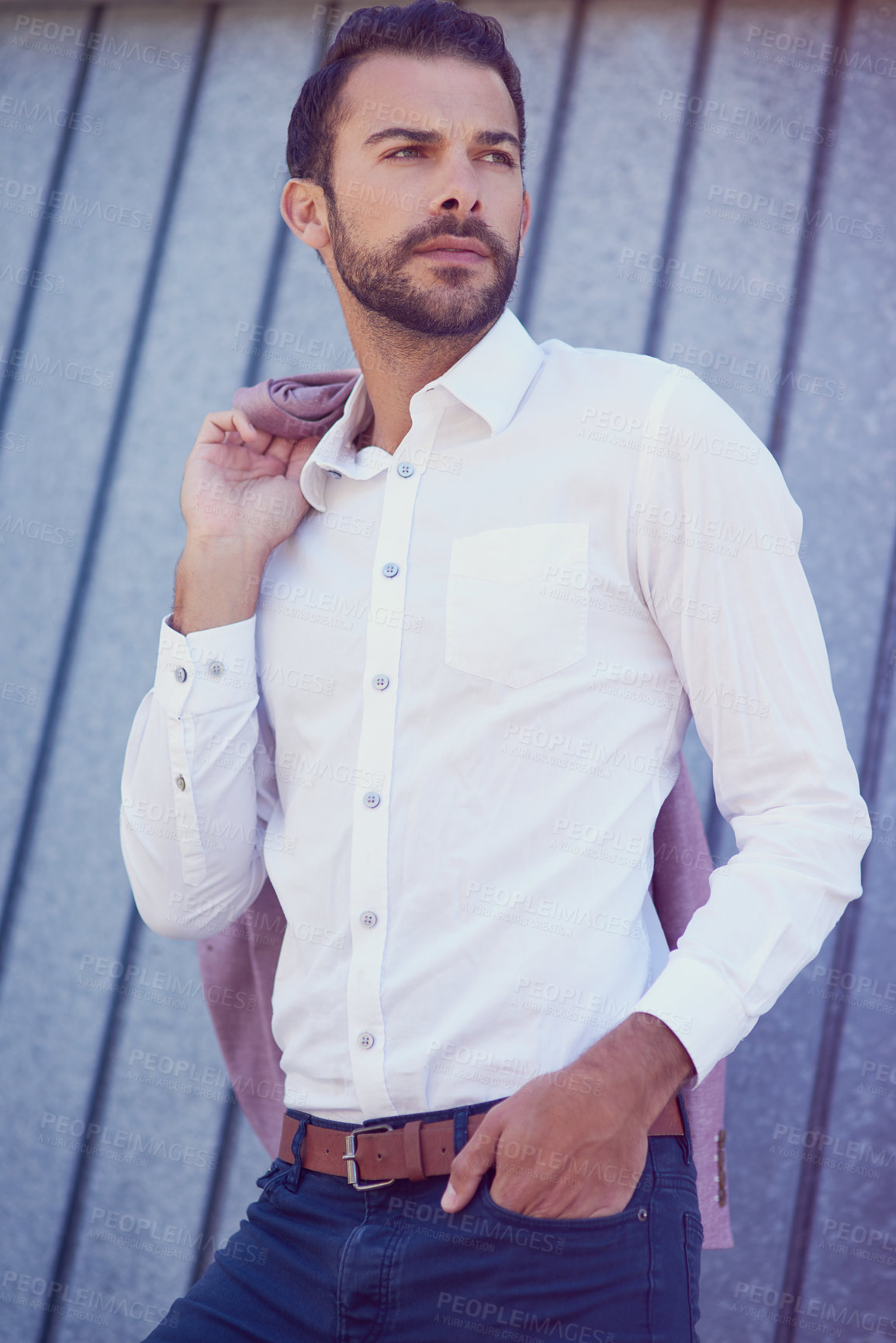 Buy stock photo Thinking, man and fashion or style in city for retro, vintage and aesthetic for apparel or clothes. Summer, male model and ideas for outfit, blazer or formal wear in town with positive mindset