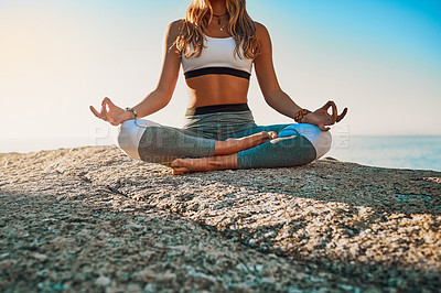 Buy stock photo Outdoor, meditation and woman with chakra for yoga, wellness and spiritual peace in California. Zen, female yogi and hands with lotus pose for calm, relaxing and mental health on beach in nature