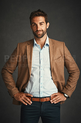 Buy stock photo Man, confident and fashion for portrait in studio with stylish, trendy and smart professional clothes as Professor. Smile, male person and designer outfit, elegant and pride on grey background