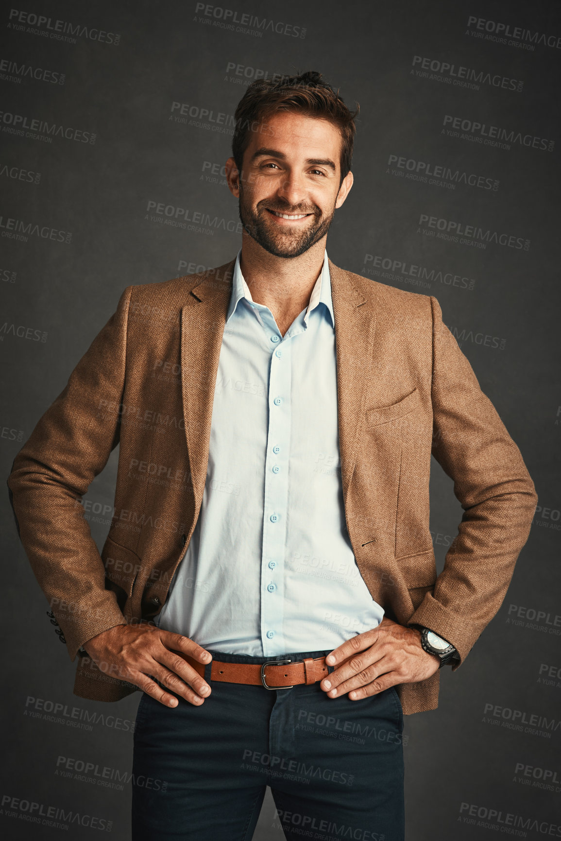 Buy stock photo Portrait, man and confident for fashion in studio with stylish, trendy and smart professional clothes as Professor. Smile, male person and designer outfit, elegant and pride on grey background