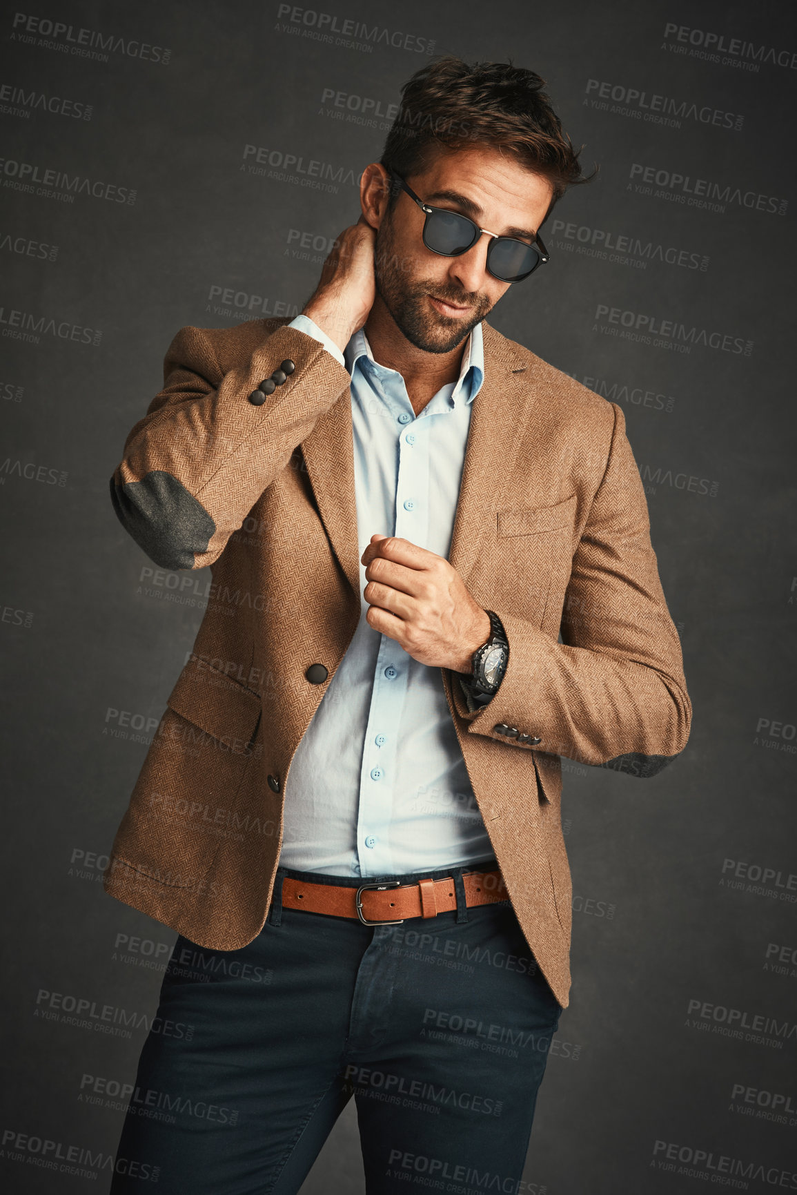 Buy stock photo Handsome, man and private detective with sunglasses for confidence, fashion and undercover career. Pride, style and male investigator with infidelity case for spy job by gray studio background. 