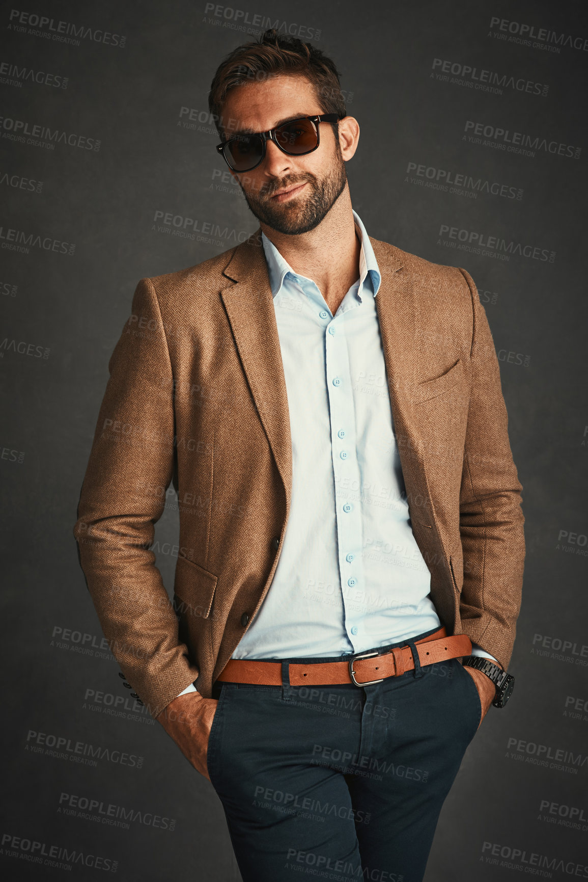 Buy stock photo Fashion, smile and man for confident in studio with stylish, trendy and smart luxury clothes as Professor. Pride, male person and portrait arms crossed, designer glasses, elegant and grey background