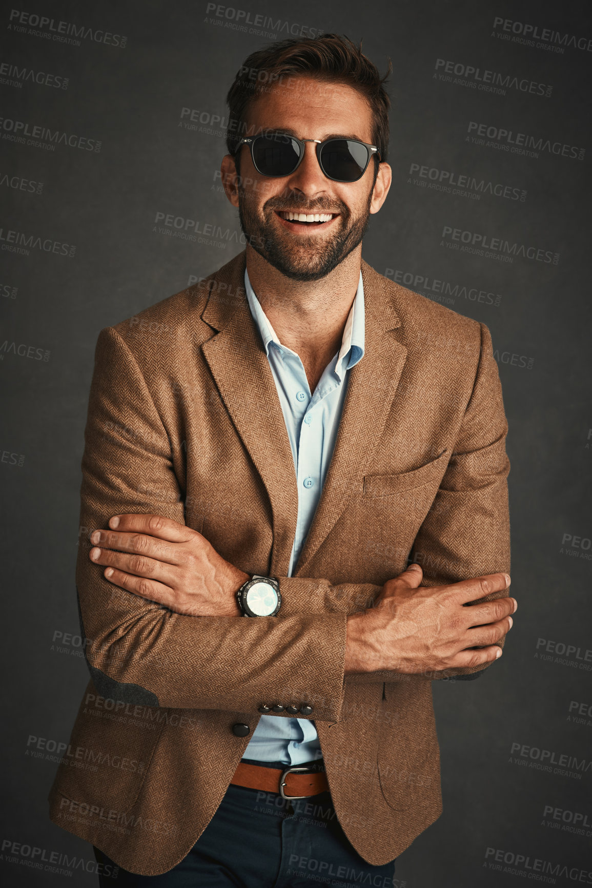 Buy stock photo Man, sunglasses and fashion for confident in studio with stylish, trendy and smart luxury clothes as Professor. Pride, male person and arms crossed, elegant or designer eyewear on grey background
