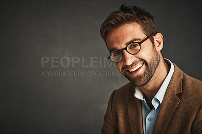 Buy stock photo Happy, man and portrait with eyewear in studio for stylish fashion, designer brand and aesthetic frame design. Pensive, male person and glasses, health and lens care at optometry on grey background