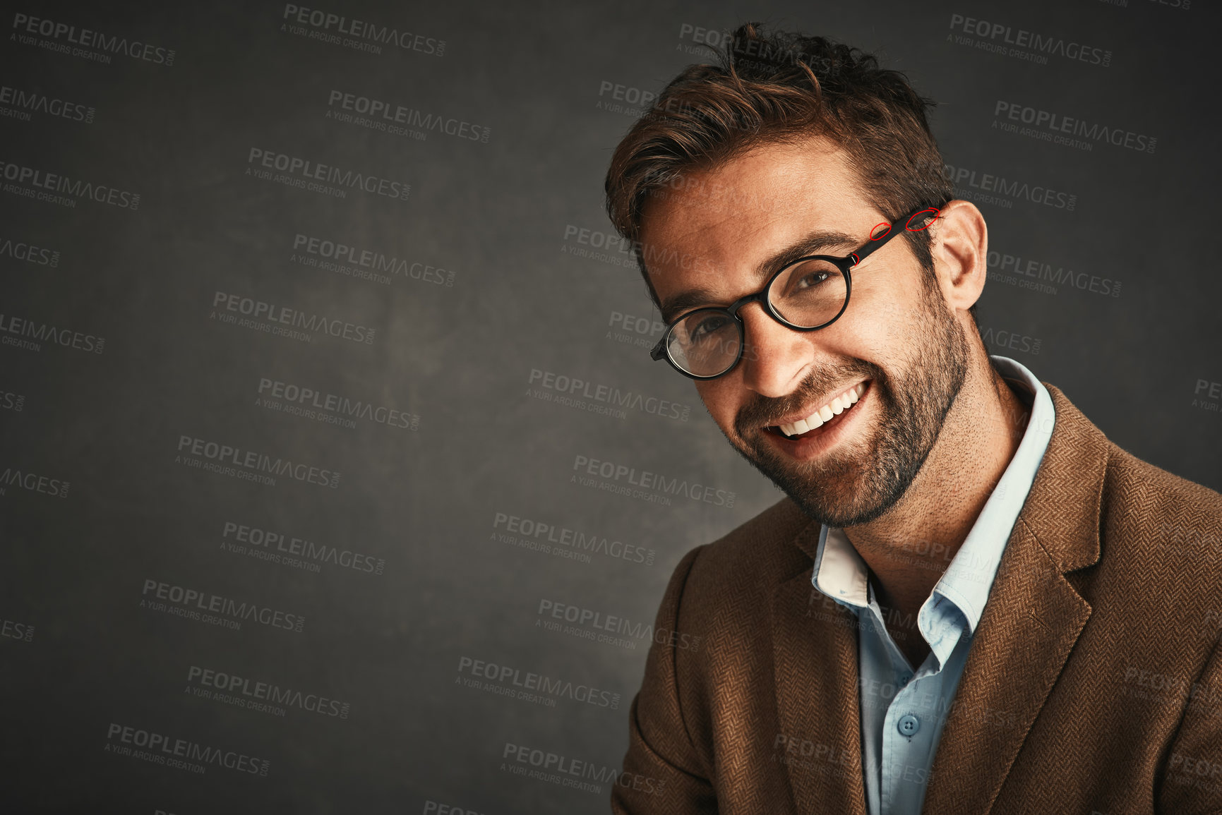 Buy stock photo Happy, man and portrait with eyewear in studio for stylish fashion, designer brand and aesthetic frame design. Pensive, male person and glasses, health and lens care at optometry on grey background