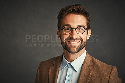 Buy stock photo Education, portrait and space with happy man professor in studio on dark background for college lecture. Face, fashion and glasses with smile of university teacher on mockup for school learning