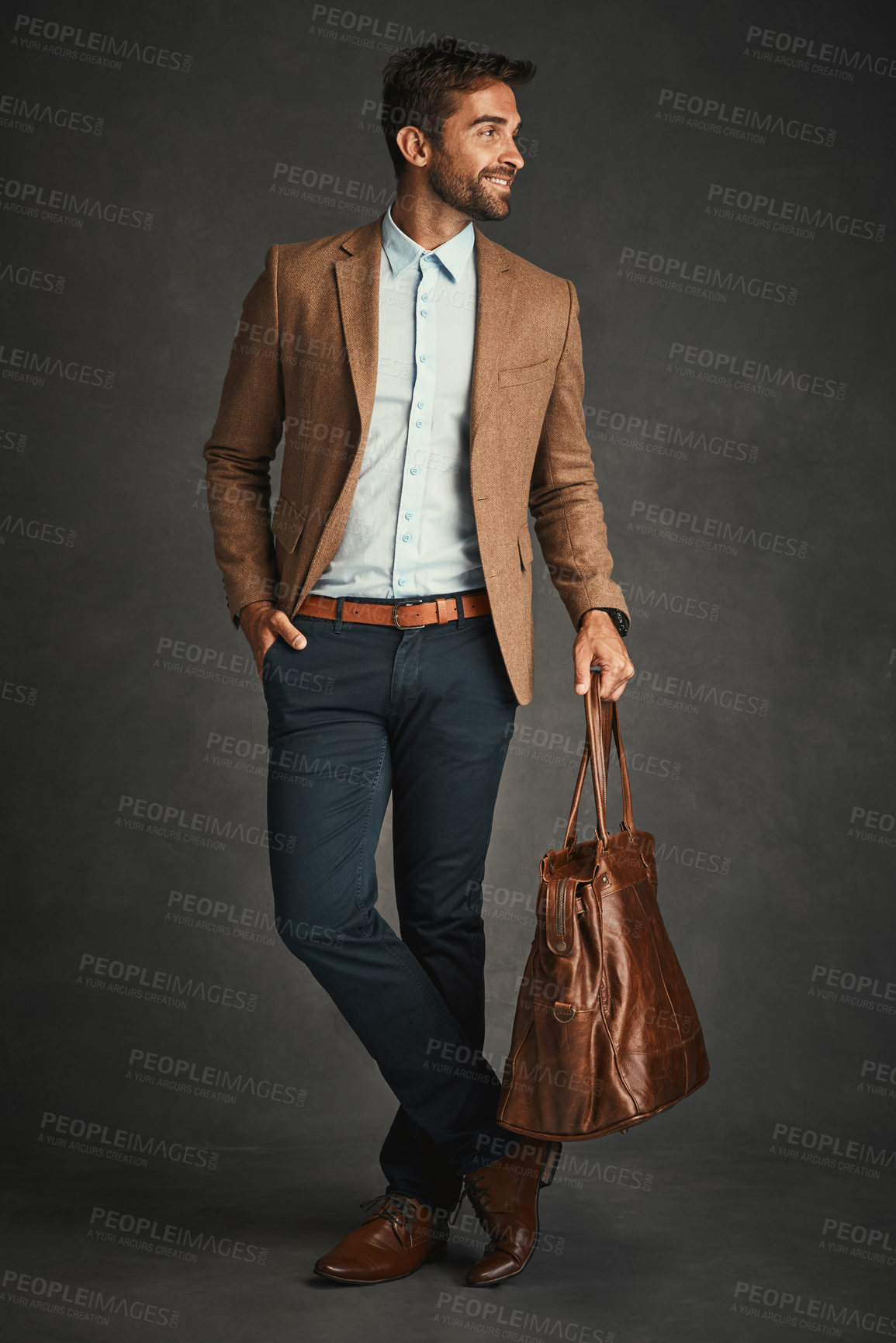 Buy stock photo Fashion, thinking and business man in studio with trendy style, accessory and formal clothes. Professional, happy entrepreneur and person with bag with confidence, pride and smile on gray background