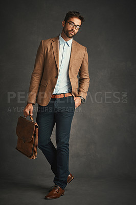 Buy stock photo Education, mockup and portrait of teacher man in studio on dark background for college lecture. Briefcase, fashion and glasses with confident university professor on mockup for future development