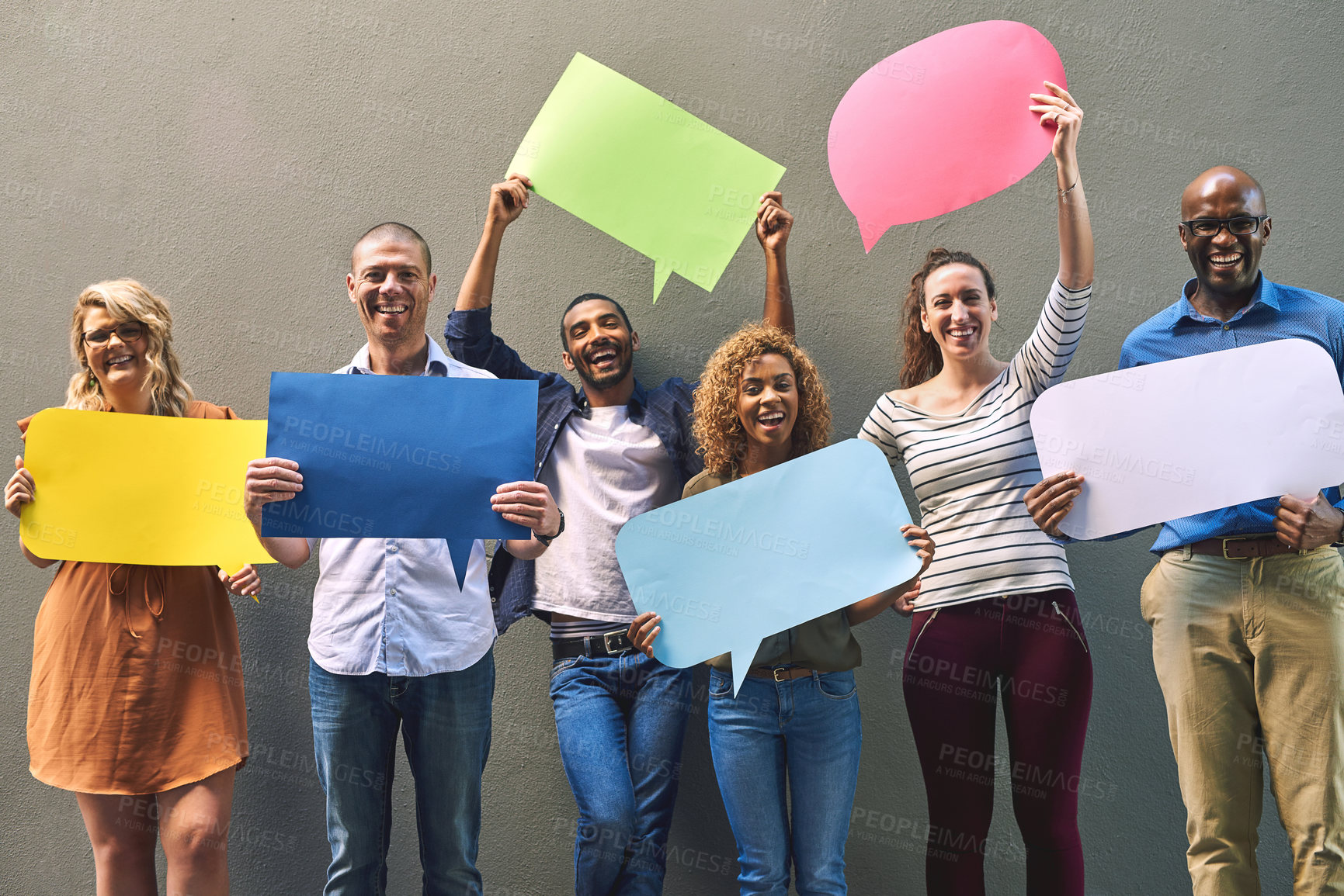 Buy stock photo Business people, portrait and speech bubbles with social media for comment or feedback on a gray studio background. Group of employees or team with smile or shape for review, message or communication