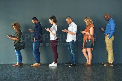 Buy stock photo Businesspeople, hiring and waiting in line with technology or recruitment, onboarding or internet. Men, women and corporate diversity or cellphone in queue or interview, human resources or employment