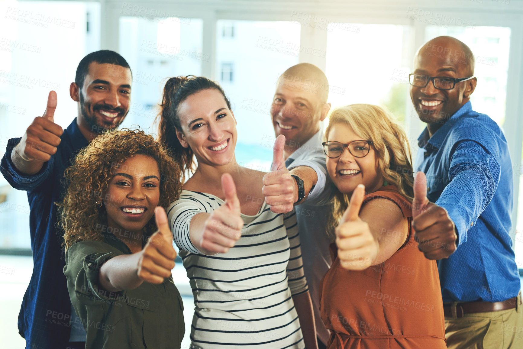 Buy stock photo Collaboration, thumbs up and portrait of staff with diversity, like and thank you sign of business people. Office, happiness and success of group with support, teamwork and motivation for company