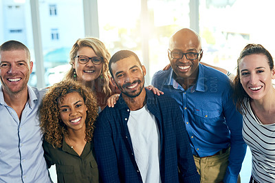 Buy stock photo Business people, portrait and hug in a office with a smile from friends with teamwork and collaboration. Diversity, happiness and writer staff together and feeling proud from motivation and success