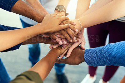 Buy stock photo Team, hands together and trust of staff with collaboration, support and community. Diversity, worker friends and group with achievement, solidarity and agreement hand sign for teamwork success