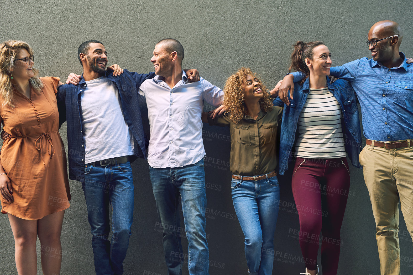 Buy stock photo Happy business people, diversity and unity with team in company growth on a wall background. Group of diverse employees with smile in confidence, row or line for creative startup or about us together