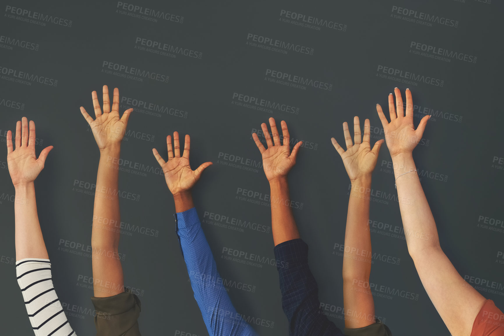 Buy stock photo Hands, question or volunteer with people in studio isolated on gray background for answer and opportunity. Crowd, support and team building with group of friends closeup for motivation or solidarity