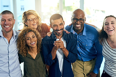 Buy stock photo Business people, diversity and portrait in office with smile for company collaboration, support or trust. Men, women and face for team building together in workplace for career, pride or connection