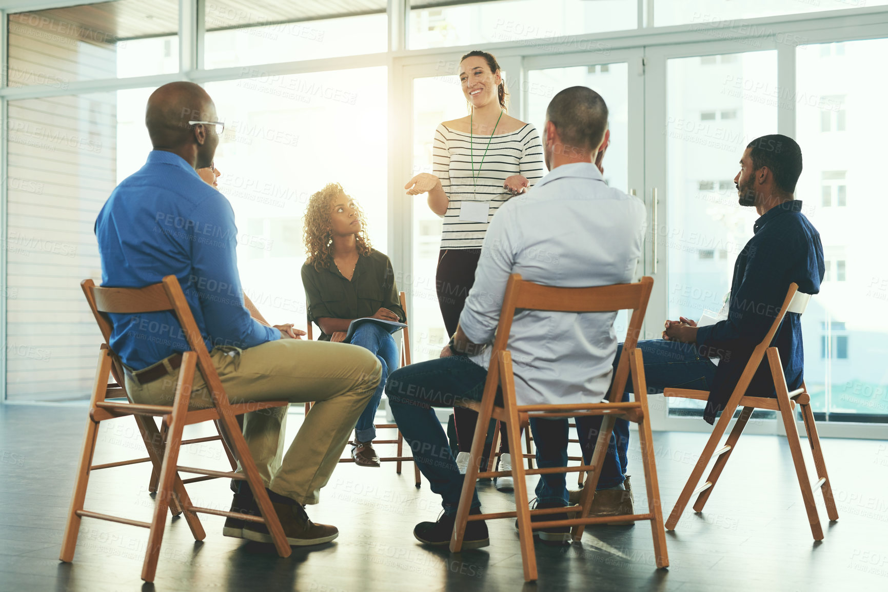 Buy stock photo Discussion, office and business people in circle for support, staff counselling and group therapy. Creative company, collaboration men and women in meeting for planning, feedback and cooperation