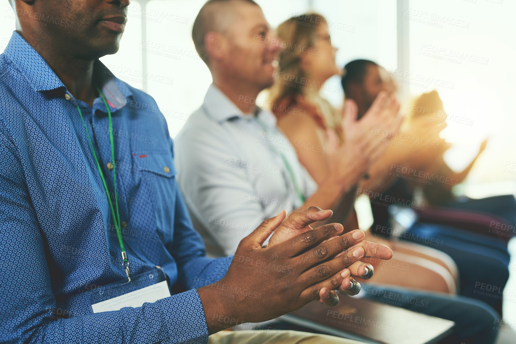 Buy stock photo Meeting, people or clapping in office workshop, tradeshow or corporate development training. Men, women or applause for company growth, learning and business conference event for global collaboration