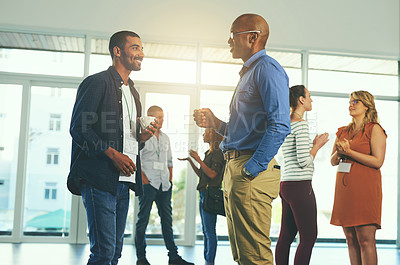 Buy stock photo Networking, business people and group in office for communication, collaboration and conversation. Talking, employees or staff together project planning in boardroom for teamwork and discussion