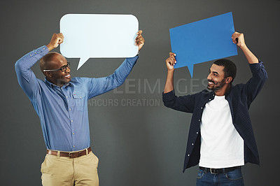 Buy stock photo Men holding speech bubbles for social media communication via messaging, chatting and texting. Team of happy, smiling and excited marketing professionals showing networking through online platforms