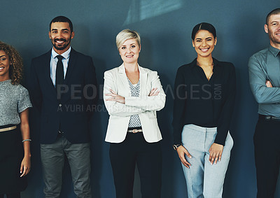 Buy stock photo Diversity, community and portrait of business people in studio for support, smile and teamwork. Happy, collaboration and professional with employees and wall background for motivation and mission
