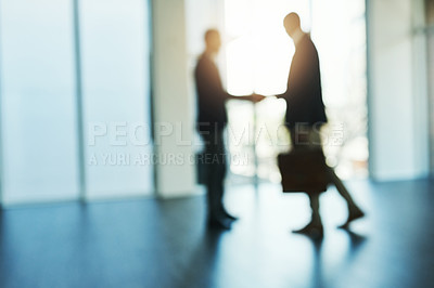 Buy stock photo Handshake, silhouette and blur of business people in office for partnership, collaboration and agreement. Corporate, recruitment and and blurred men shaking hands for thank you, welcome and deal