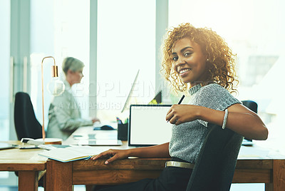 Buy stock photo Portrait of a young businesswoman working in an office