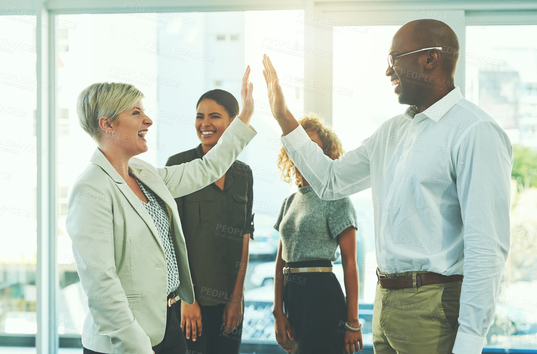 Buy stock photo High five, winner and motivation with business people in office for success, happy and agreement. Support, goals and target with group of employees for teamwork, celebration and solidarity