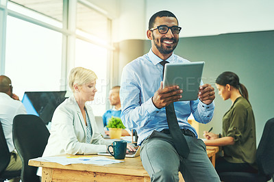 Buy stock photo Businessman, thinking and happy on tablet in office for corporate research, company website and communication. Professional, coworkers or digital tech at work for email feedback or online information