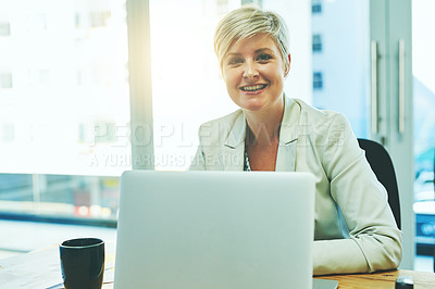 Buy stock photo Laptop, portrait and woman in office for business, professional or urban development. Happy, female investor or tech in city for research, company growth or information for financial return on assets