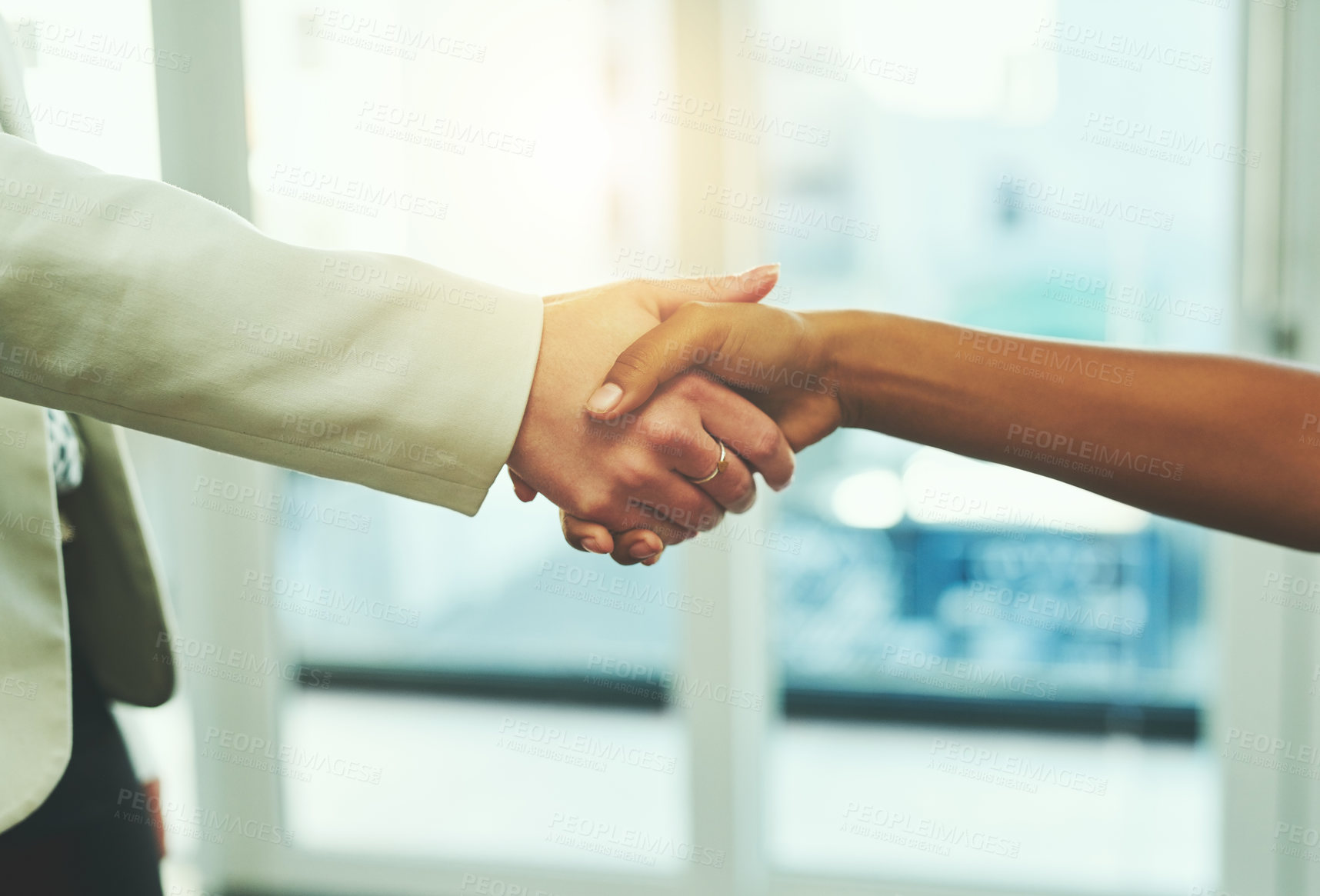 Buy stock photo Handshake, success and hands of business people in office for onboarding, collaboration or agreement. Corporate, teamwork and and women shaking hand for thank you, welcome and hiring for recruitment