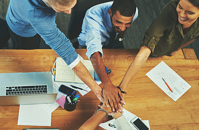 Buy stock photo Teamwork, above and pile of hands with office, business people and partnership for support. Team building, law firm and legal consultant for goal, help or mission target for corporate attorney